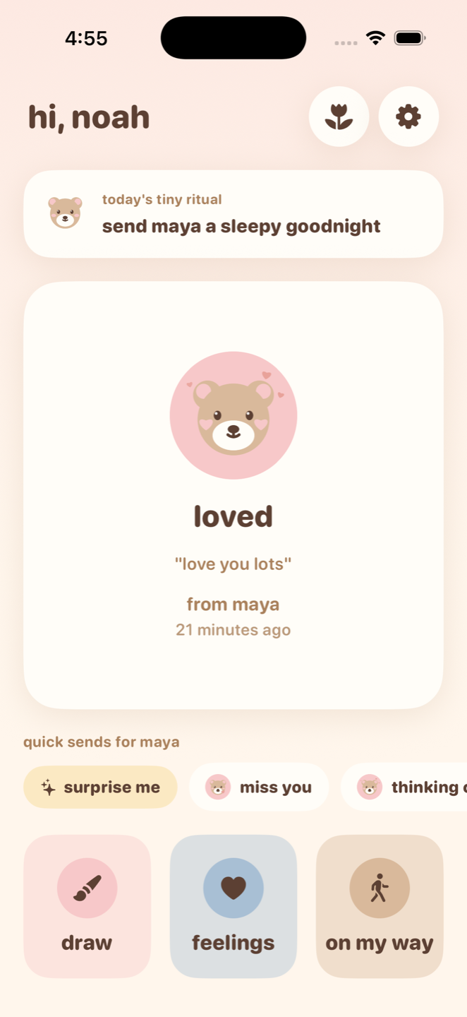 the clove home screen with a loved bear moment from maya